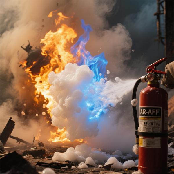 AR-Afff Fire Extincteur pulv&eacute;riser de la mousse sur des flammes &agrave; double carburant avec un feu orange et bleu, d&eacute;montrant la suppression de l'hydrocarbure et